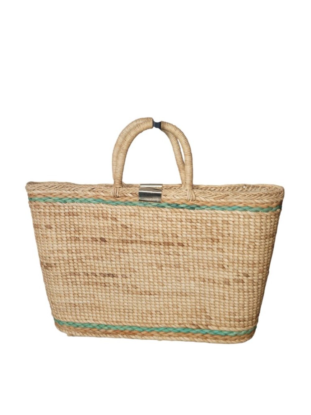 Magid Handmade Italian Woven Tote Green stripe & Gold Clasp Riviera Old Money - Picture 5 of 14